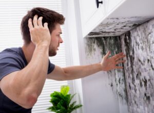 man discovering mold on his kitchen house